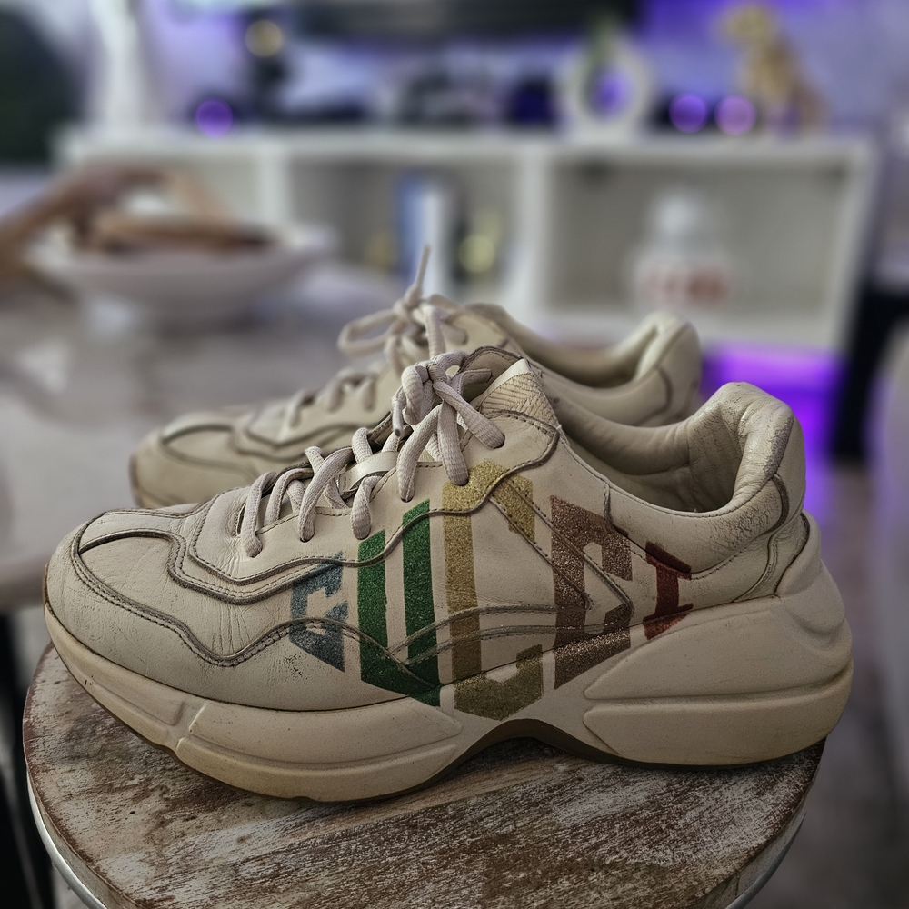 Leather Cream Sneakers with Multicolor Logo